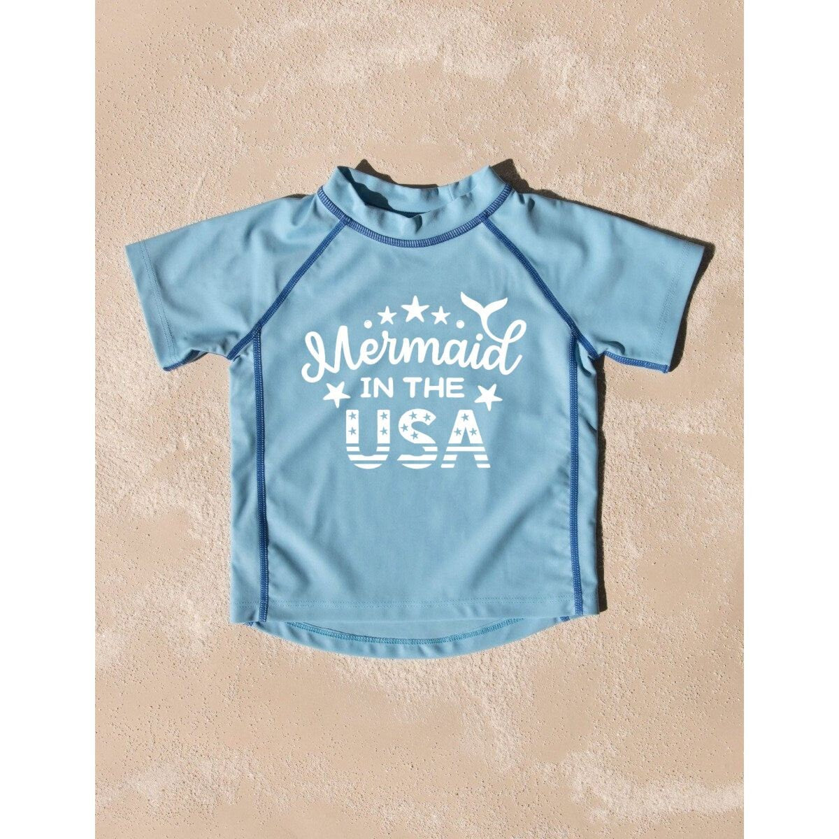 Mermaid in the USA Toddler Rashguard Swimwear UV Protection +50 - Kids 4th of July Swimsuit - Toddler Girl Rash Guard - Baby Girl Swimsuit