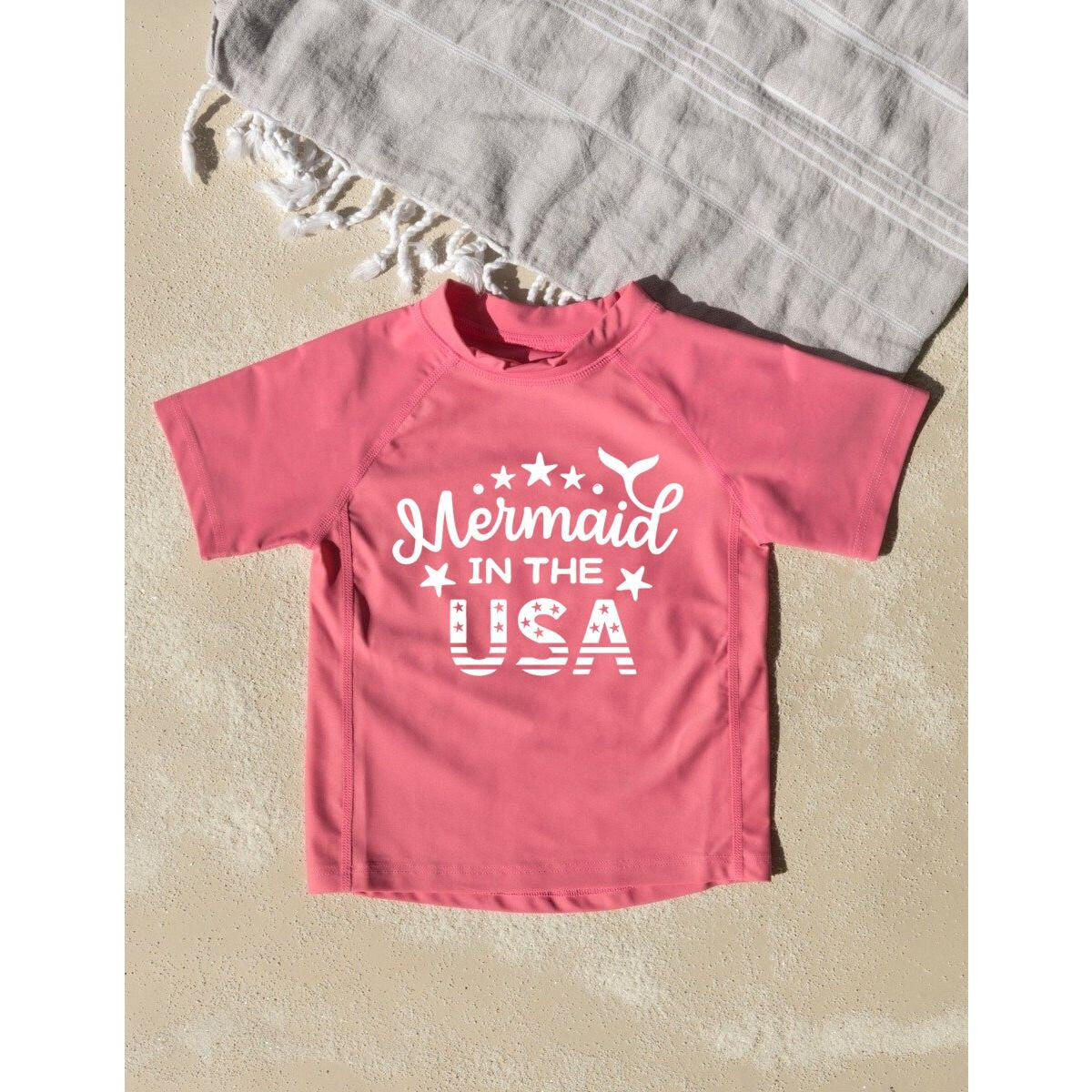 Mermaid in the USA Toddler Rashguard Swimwear UV Protection +50 - Kids 4th of July Swimsuit - Toddler Girl Rash Guard - Baby Girl Swimsuit