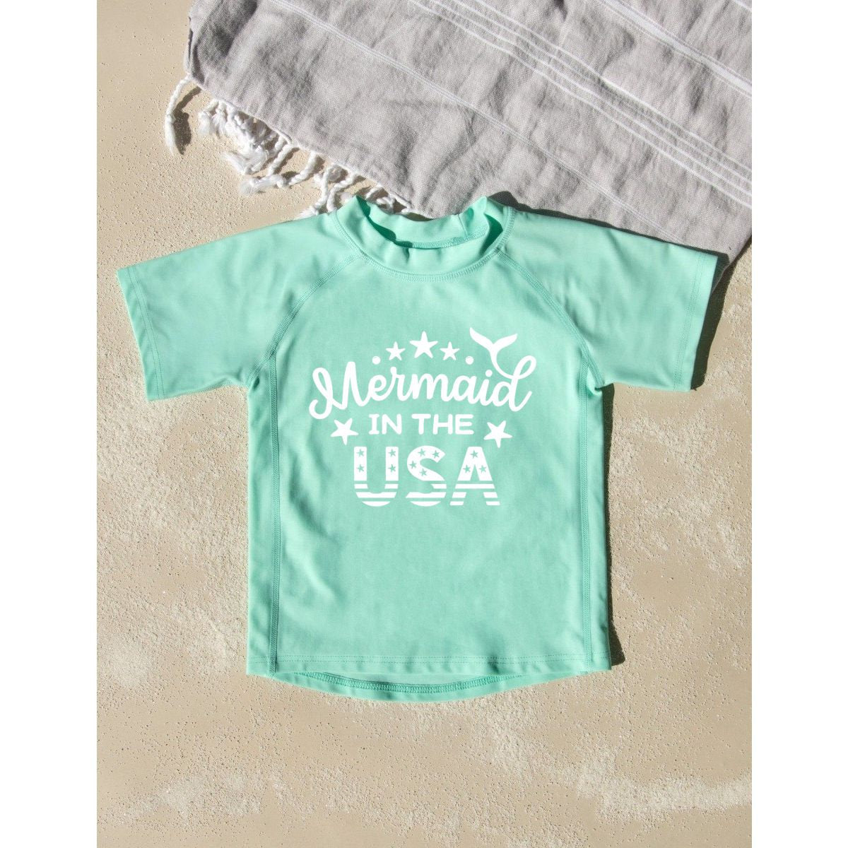 Mermaid in the USA Toddler Rashguard Swimwear UV Protection +50 - Kids 4th of July Swimsuit - Toddler Girl Rash Guard - Baby Girl Swimsuit