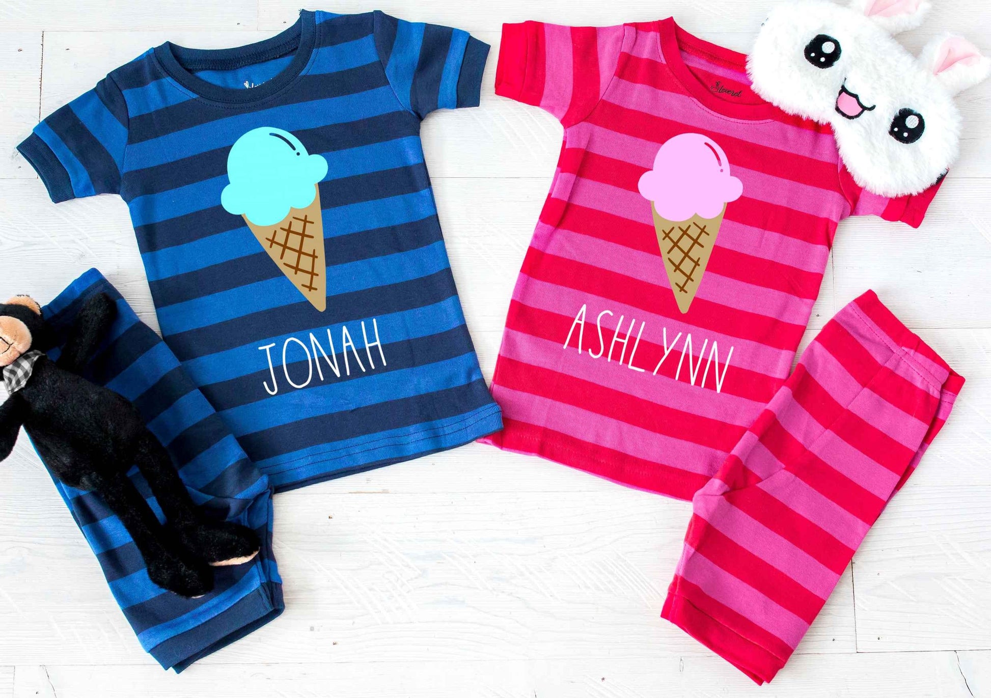 Personalized Ice Cream Cone Striped Shorts Toddler and Youth Pajamas - Kids Pajamas - Twin Pajamas - Matching Sibling Summer Pajamas