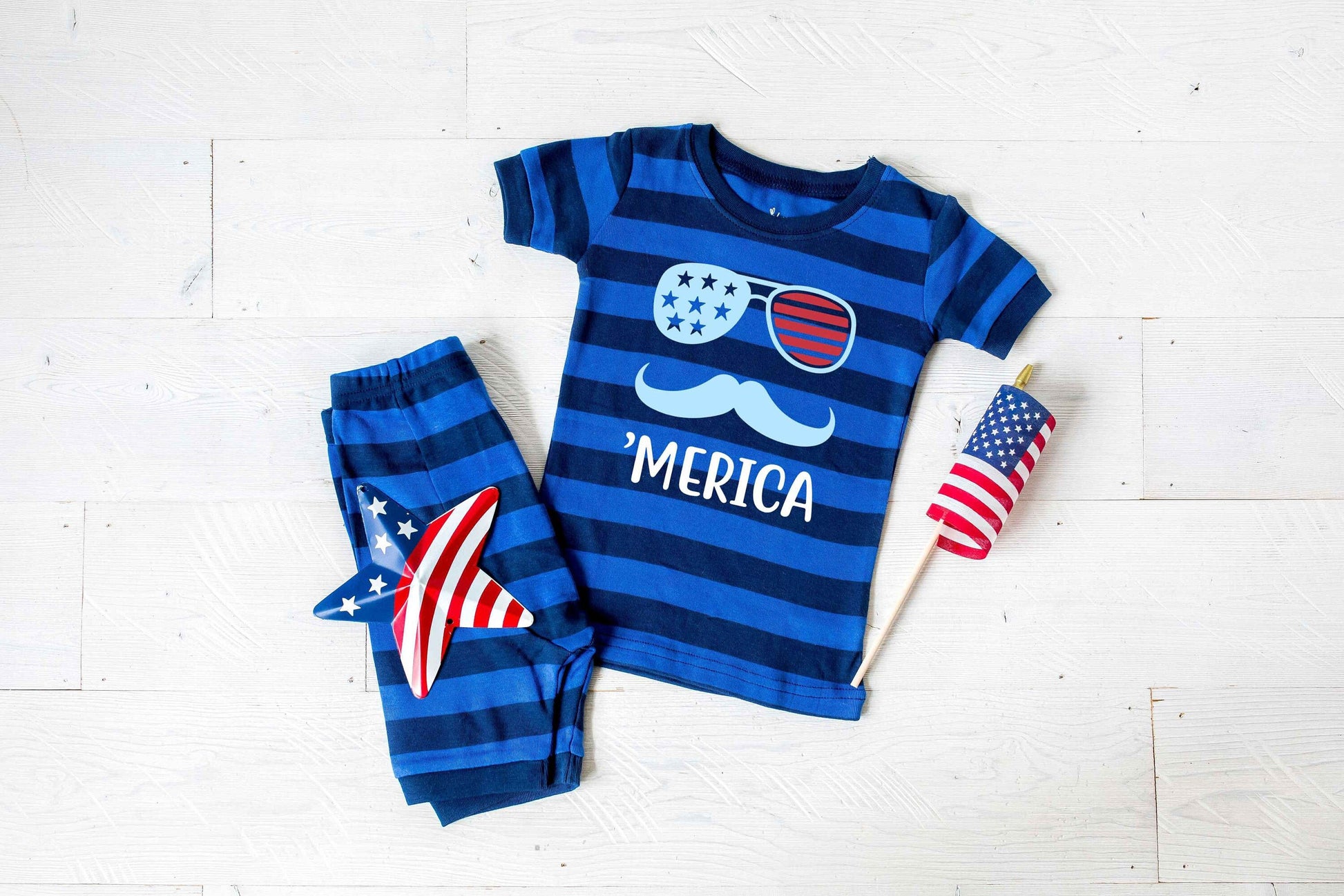 Merica Mustache 4th of July Blue Striped Shorts Toddler and Kids Pajamas - Kids 4th of July Pajamas - 4th of July Toddler Pajamas Set