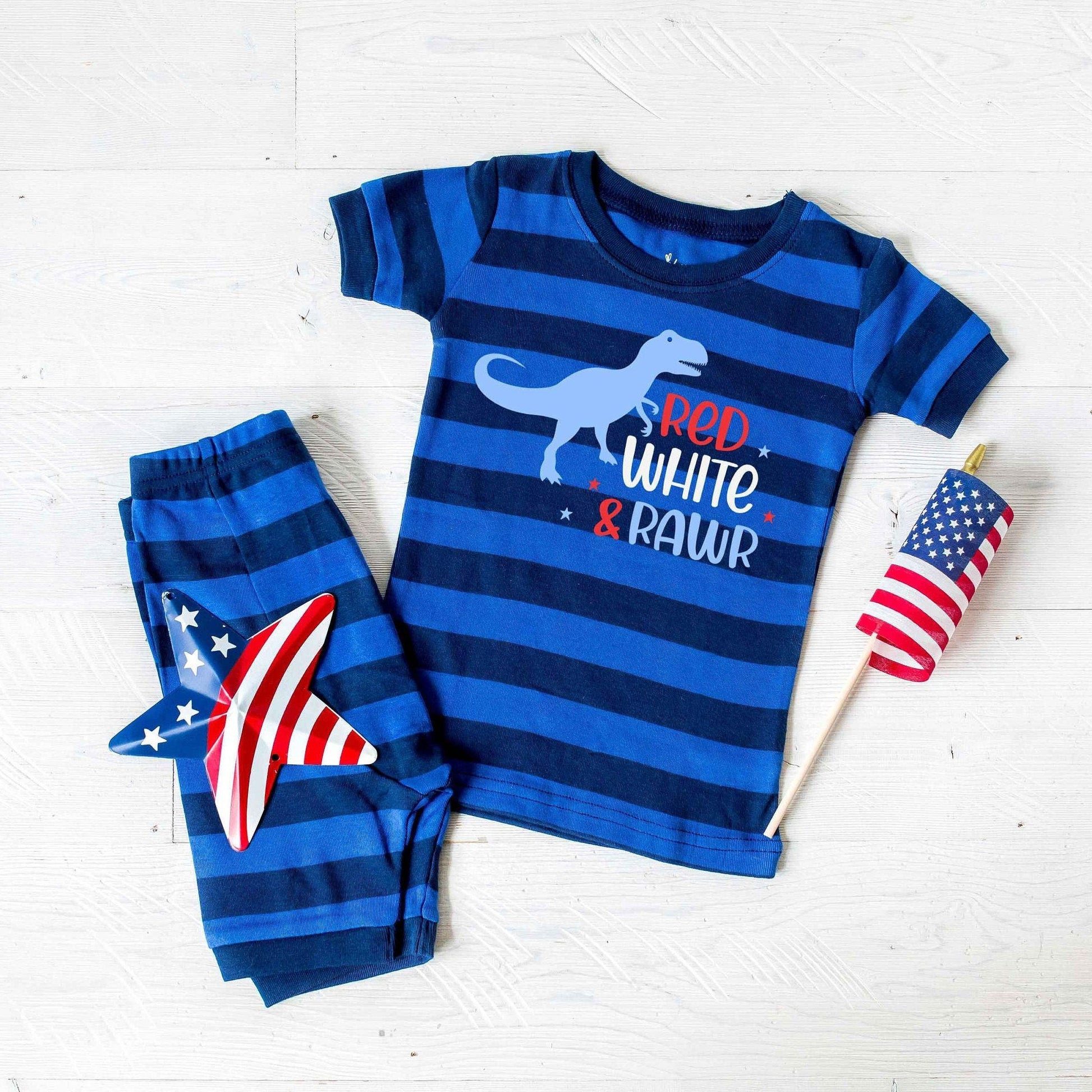 Red White and Rawr 4th of July Blue Striped Shorts Toddler and Kids Pajamas - Kids 4th of July Pajamas - 4th of July Toddler Pajamas Set