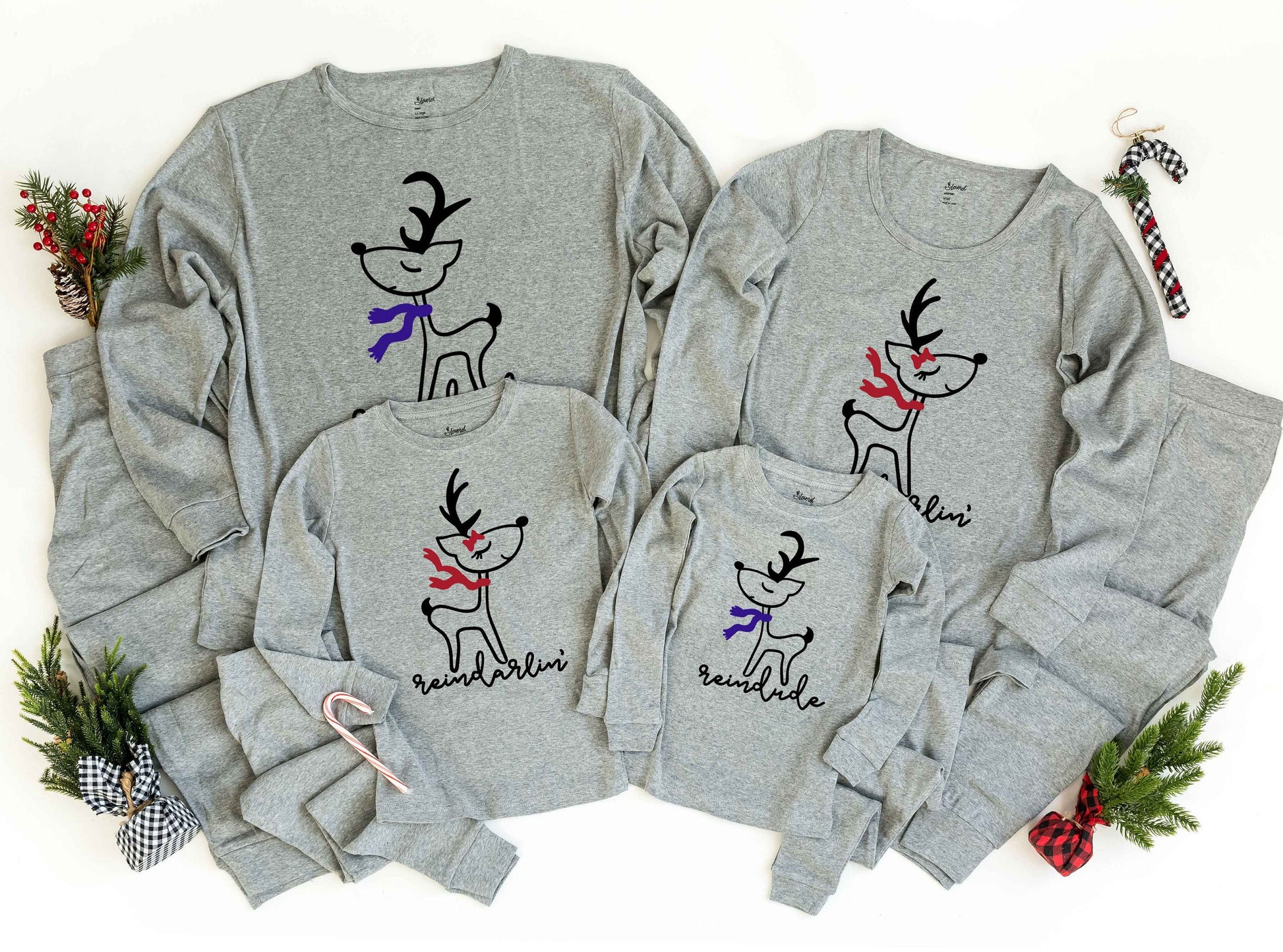 Grey Christmas Pajamas Reindude or Reindarlin - adult and kids sizes - kids christmas pjs - women's christmas jammies - Family matching PJs