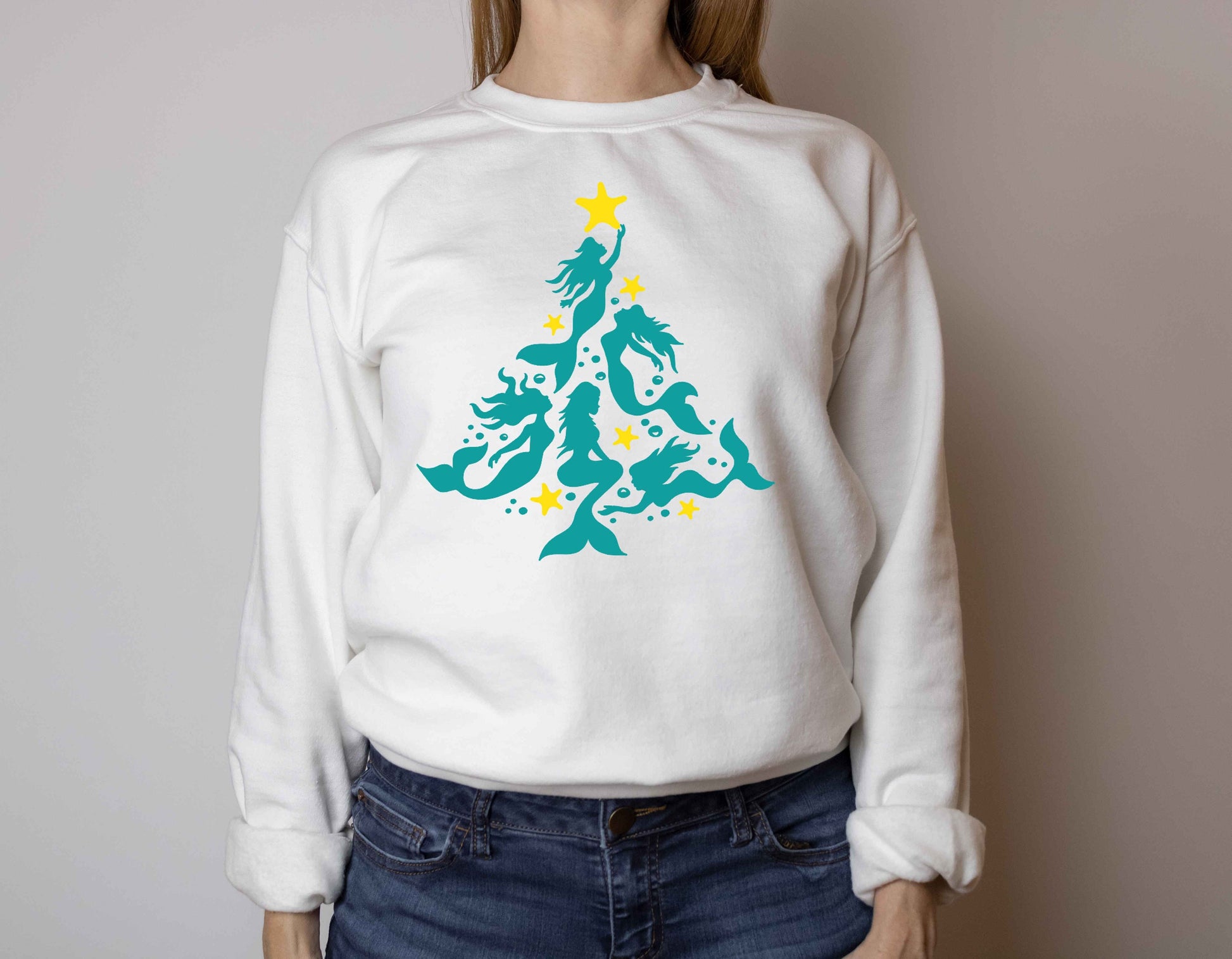 Mermaid Christmas Tree Unisex Crewneck Fleece Pullover Sweatshirt