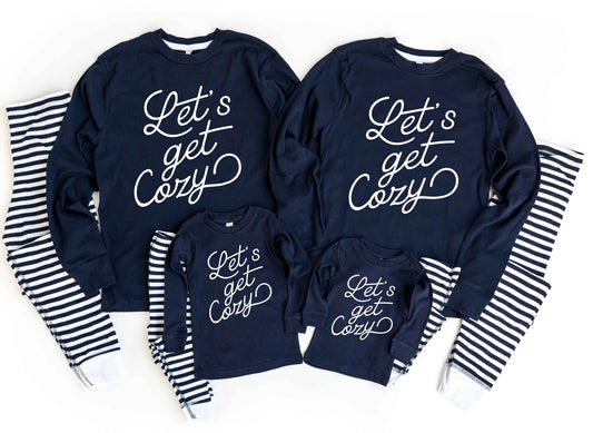 Let's Get Cozy Navy Striped Baby, Kids and Adult Pajamas - matching family pajamas - family photoshoot pajamas - loungewear for the family