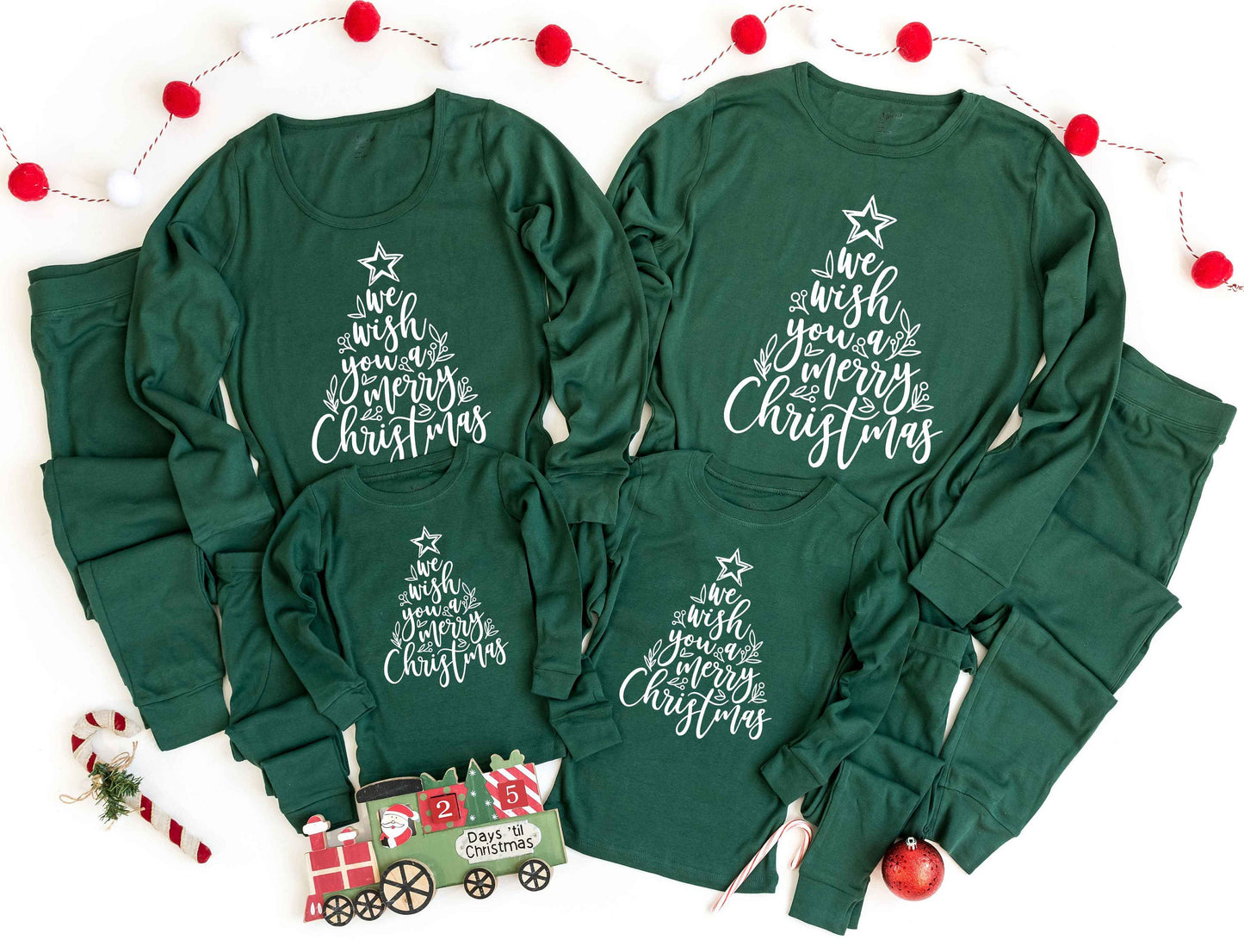 Christmas Pajamas Forest Green We Wish You a Merry Christmas - adult and kids sizes - kids christmas pjs - christmas jammies - matching PJs