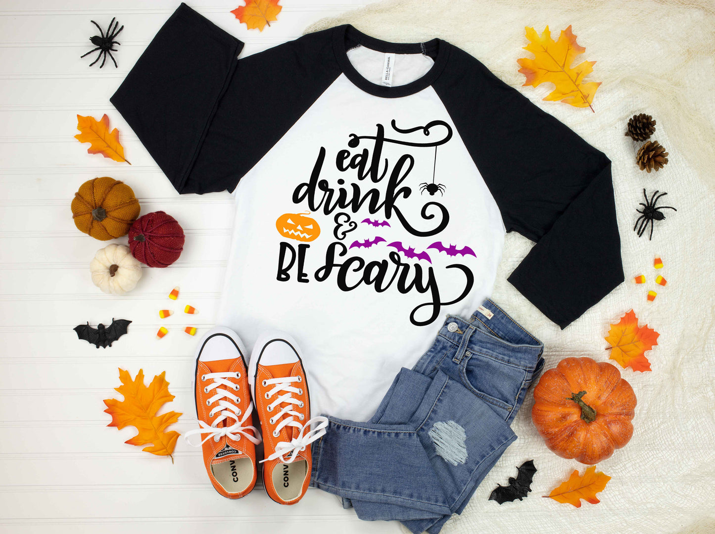 Eat Drink and Be Scary Raglan t-shirt - Halloween Shirt - fall shirt - women's halloween shirt - witch shirt - halloween party shirt
