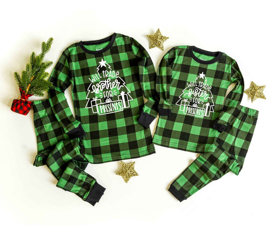 Green Plaid Will Trade Brother for Presents Will Trade Sister for Presents Christmas Pajamas - kids christmas pjs -toddler christmas jammies