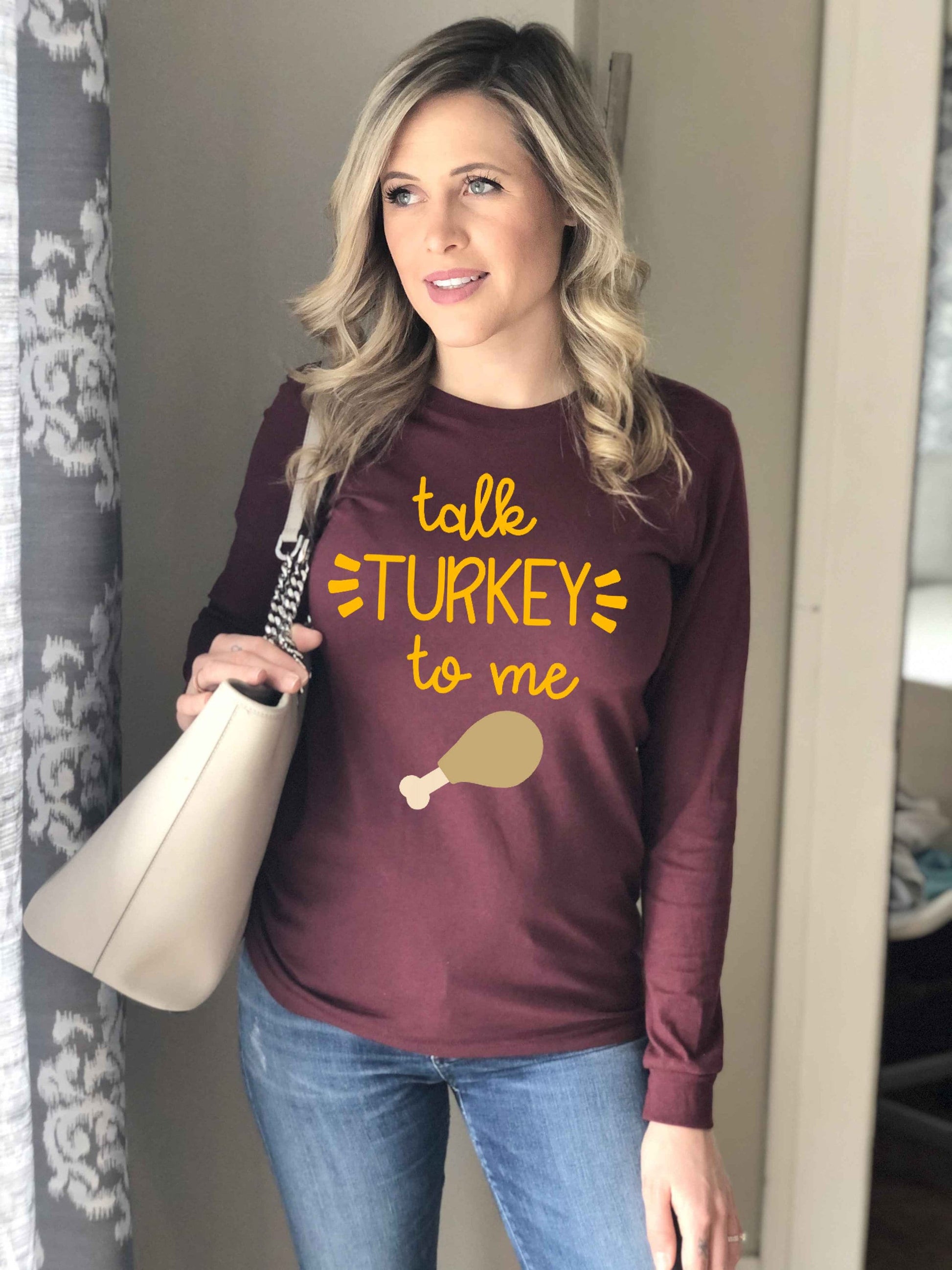 Talk Turkey To Me unisex long sleeve t-shirt, Thanksgiving Shirt, Funny Thanksgiving T-Shirt