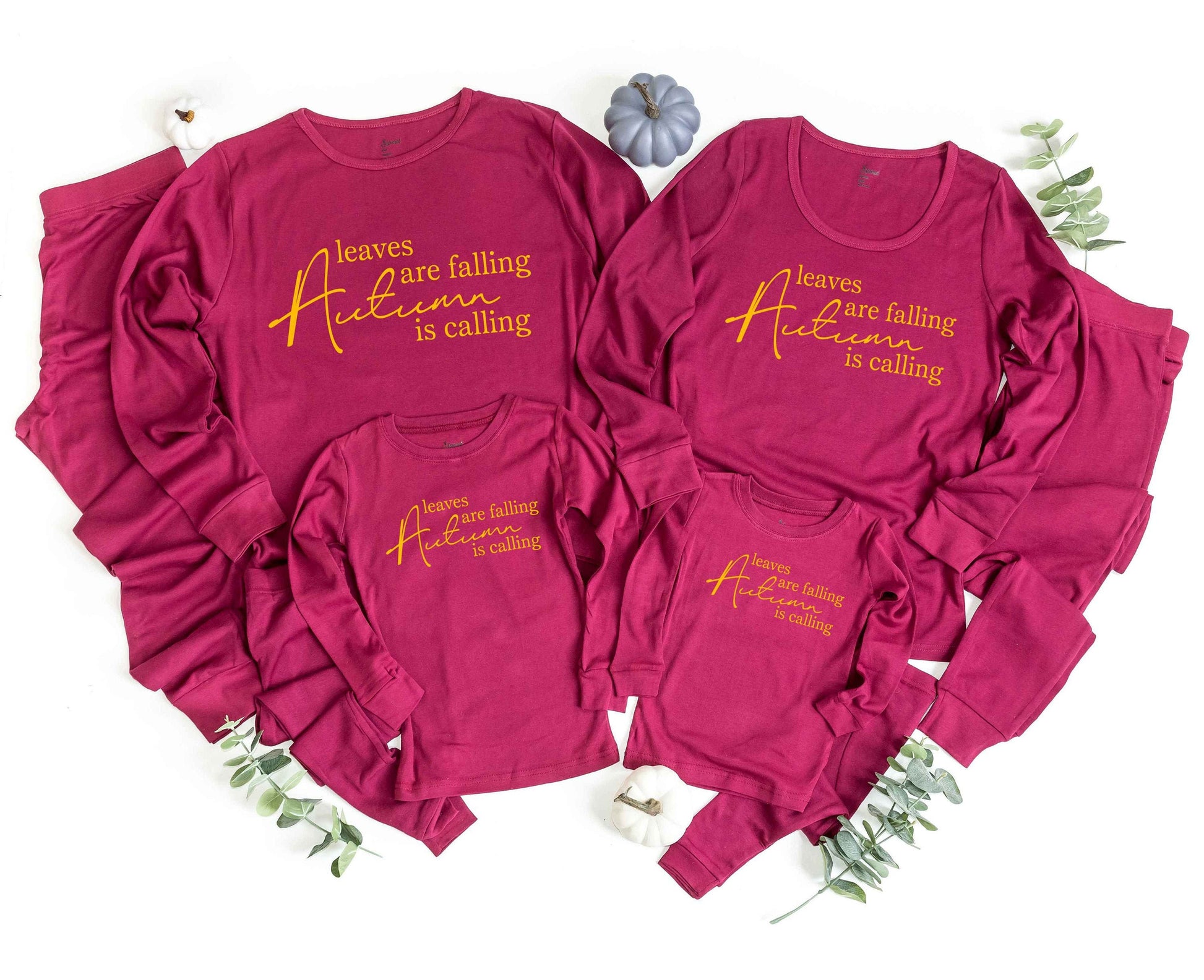 Leaves are Falling Autumn is Calling Maroon Pajama Set - adult and kids sizes - fall jammies - Thanksgiving Pajamas for the family