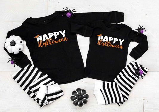 Happy Halloween v2 Black and White Striped Pajamas - Halloween Pajamas - Halloween Clothing