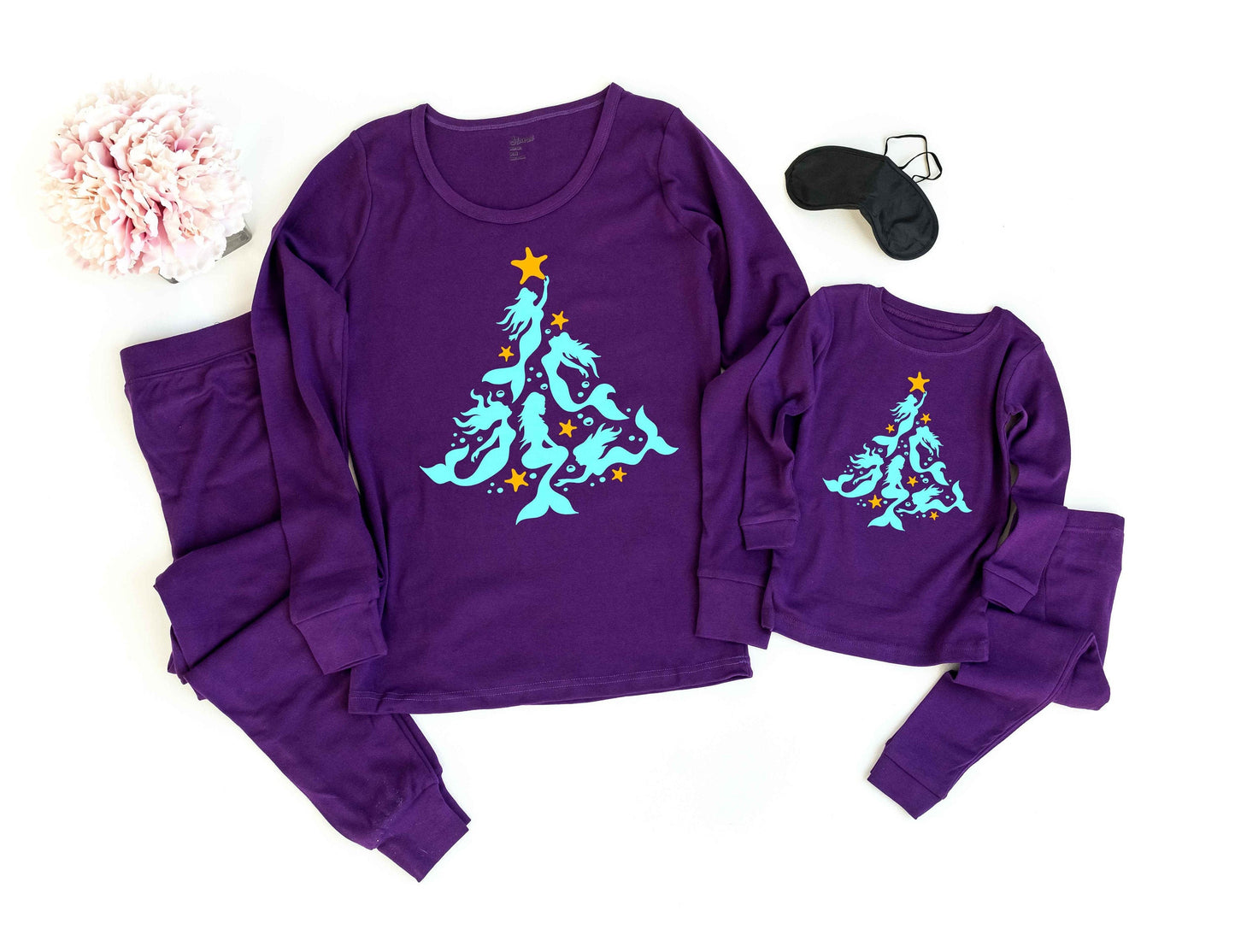 Christmas Pajamas Mermaid Christmas Tree - adult and kids sizes - kids christmas pjs - women's christmas jammies - Family matching PJs