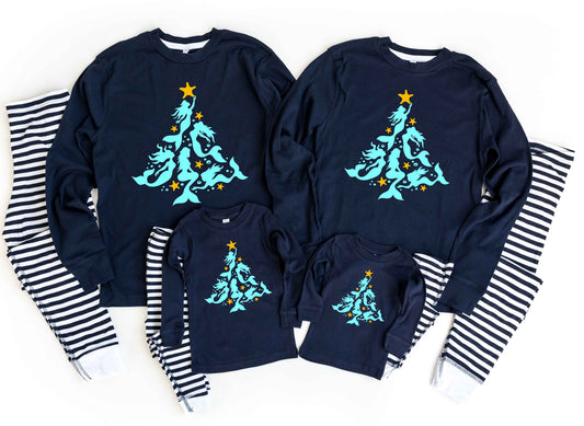 Christmas Pajamas Navy Mermaid Christmas Tree Family Matching Pajamas - kids christmas pjs - matching holiday pjs - mommy and me pajamas