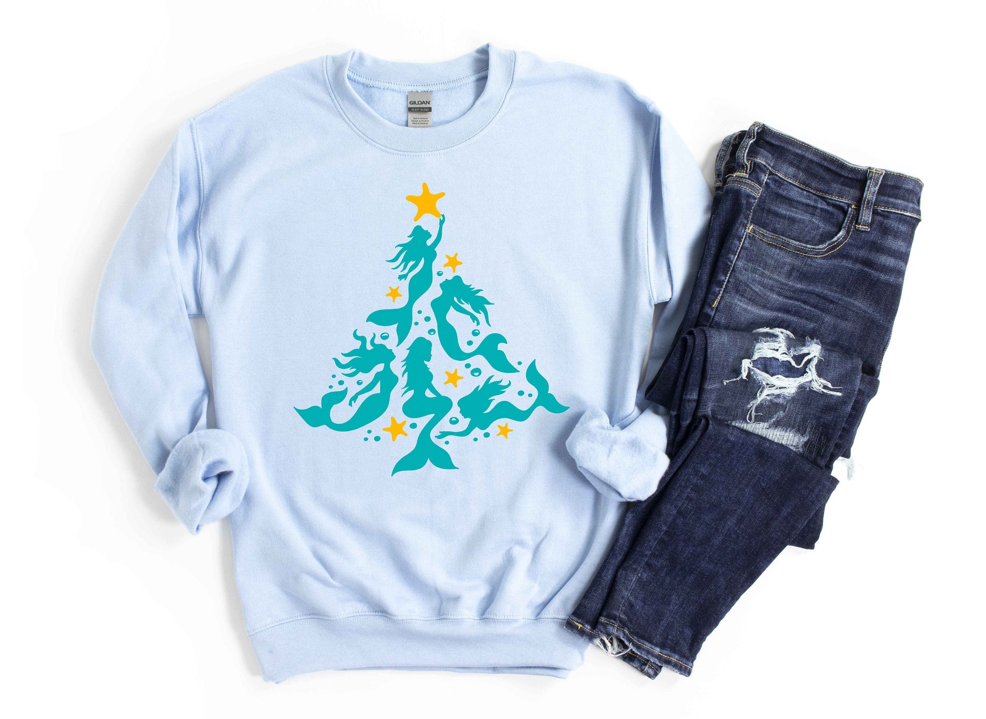 Mermaid Christmas Tree Unisex Crewneck Fleece Pullover Sweatshirt