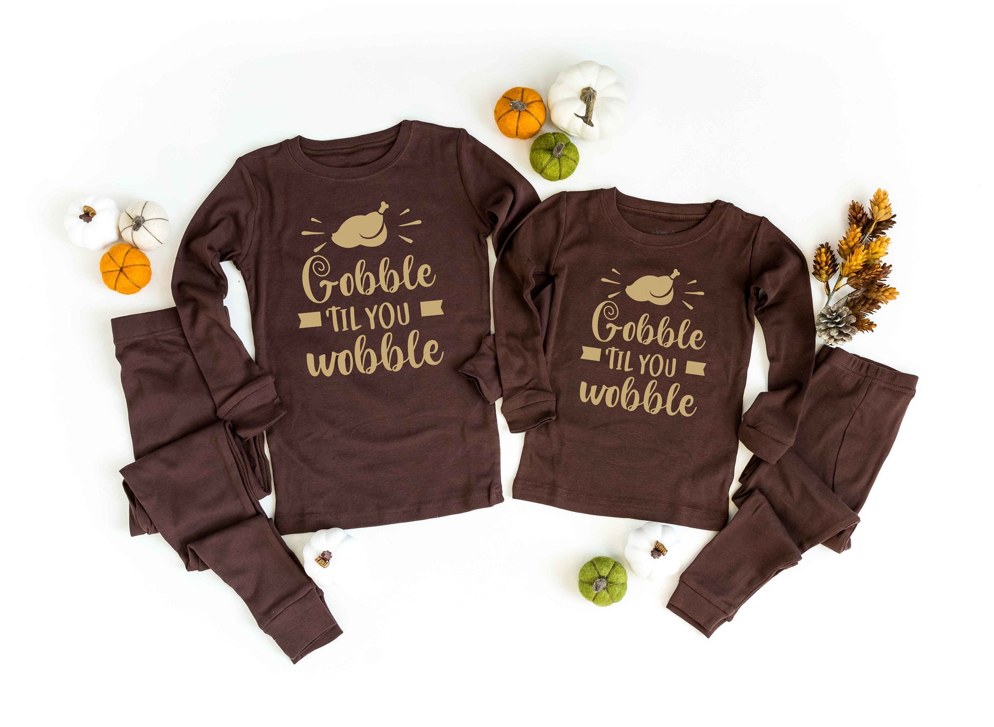 Gobble Til You Wobble v2 Brown Pajamas - thanksgiving family pajamas - matching fall pjs -  fall pajamas for the family