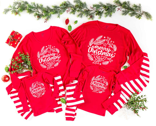 Merry Christmas Holly Red Stripe Family Christmas Pajamas - women's christmas jammies - matching family christmas pjs