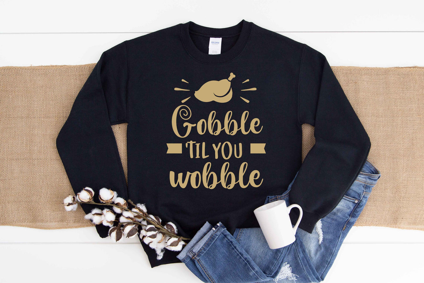 Gobble Til You Wobble Unisex Crewneck Fleece Pullover Sweatshirt - Thanksgiving Sweatshirt