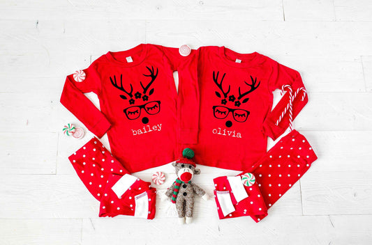 Personalized Reindeer Polka Dot Infant or Kids Christmas Pajamas - kids christmas pjs - baby christmas pjs - matching family pjs