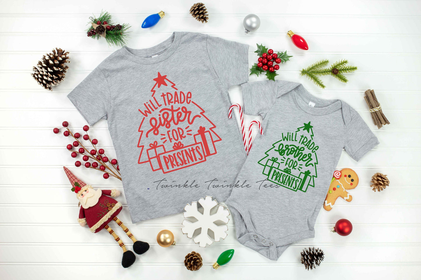 Will Trade Brother Sister for Presents v2 Matching Christmas T-Shirts or Baby Bodysuits - Matching Sibling Tees