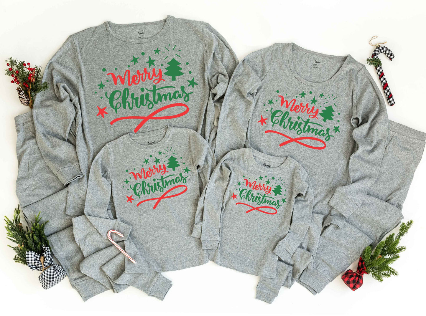 Merry Christmas Solid Grey Pajamas - adult and kids sizes - kids christmas pjs - women's christmas jammies - Family matching PJs
