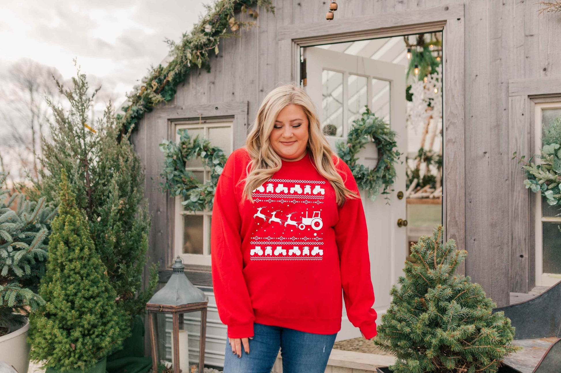 Tractor Sleigh Christmas Ugly Christmas Sweater Unisex Crewneck Fleece Pullover Sweatshirt