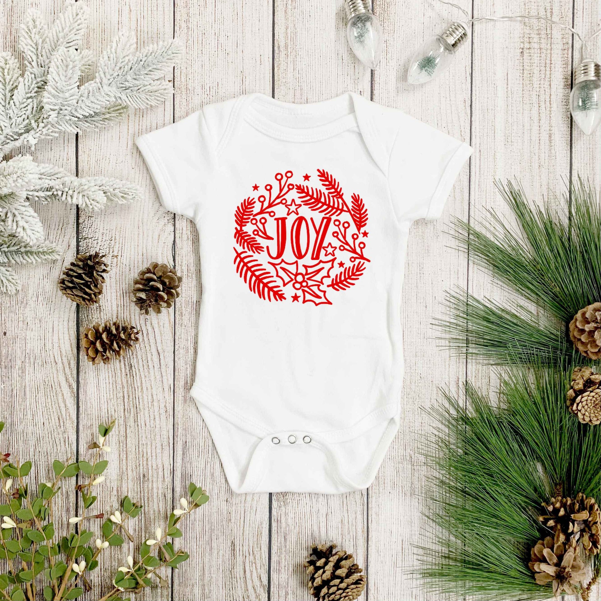 Joy Holly Shortsleeved or Longsleeved Bodysuit - Christmas Baby Outfit - Winter Baby Clothes