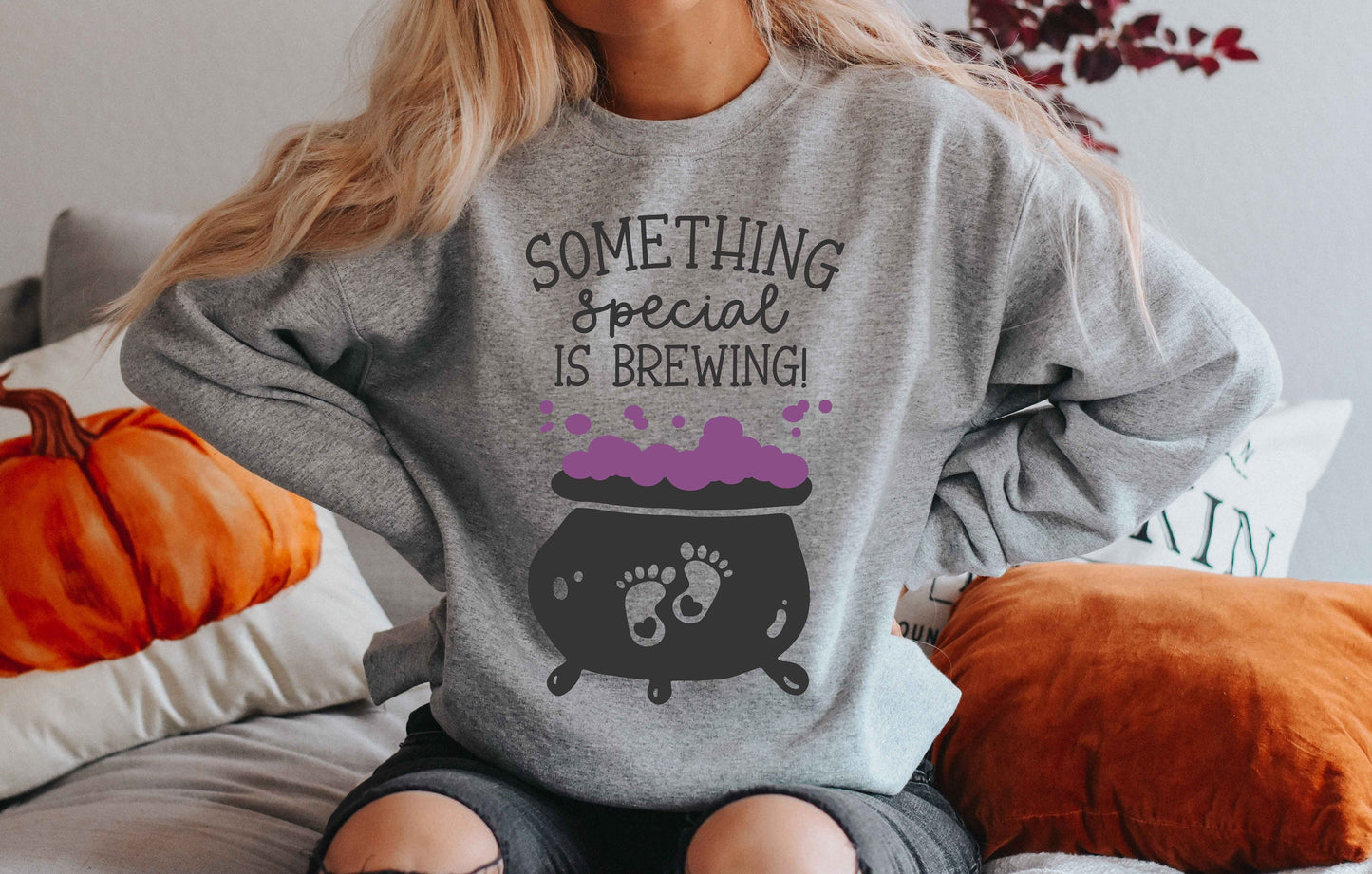 Something Special is Brewing Women's Crewneck Fleece Pullover Sweatshirt - Halloween Maternity - Halloween Costume for Pregnant Women