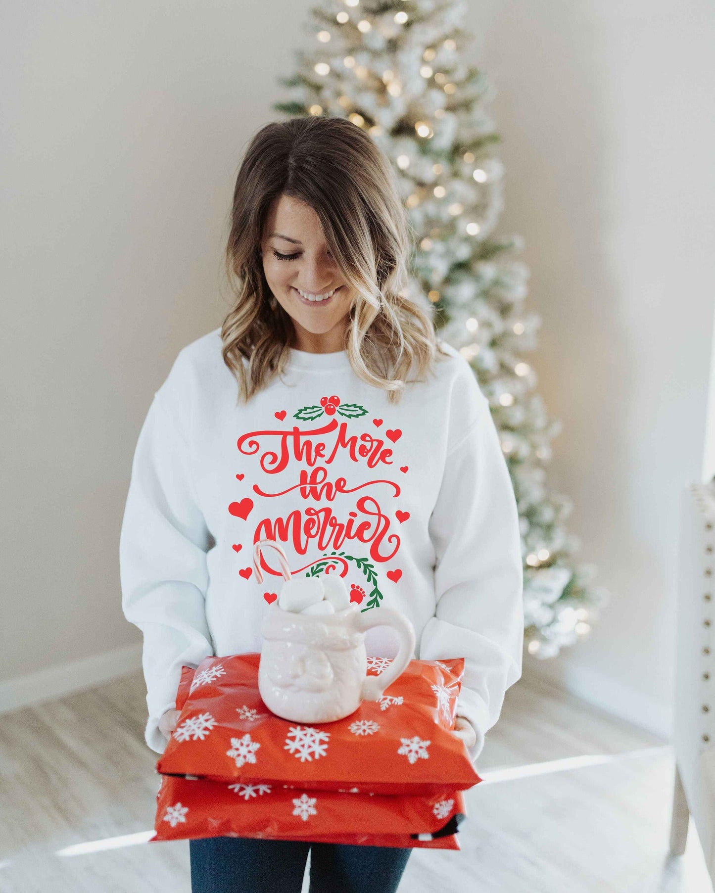 The More the Merrier Pregnancy Announcement Christmas Women's Crewneck Fleece Pullover Sweatshirt