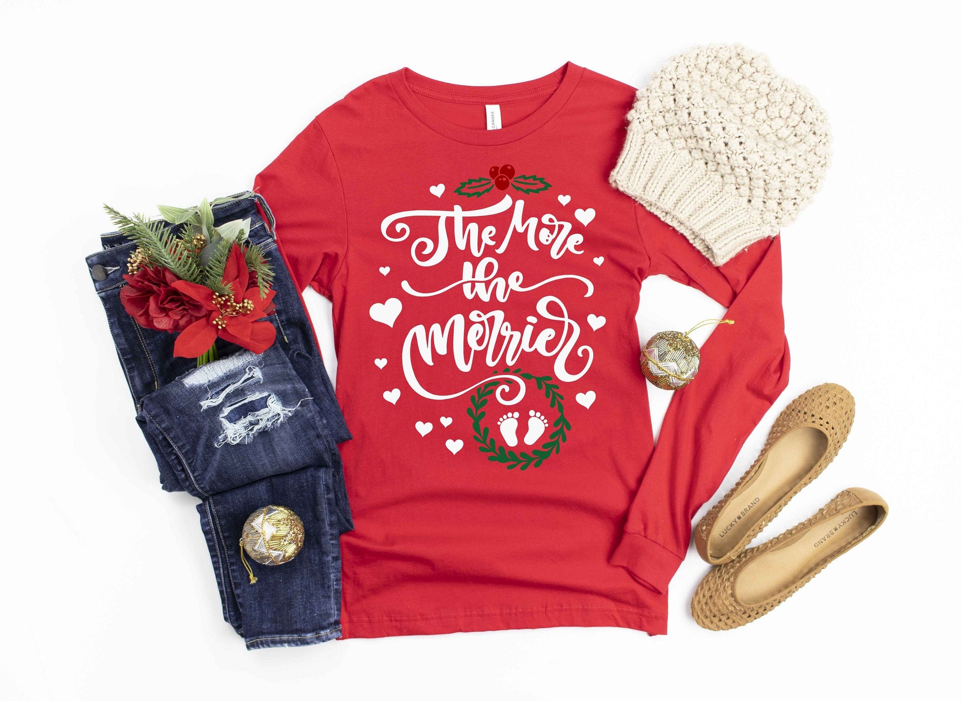 The More the Merrier Maternity Christmas long sleeve t-shirt - pregnancy announcement