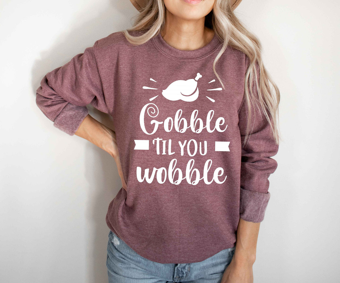Gobble Til You Wobble Unisex Crewneck Fleece Pullover Sweatshirt - Thanksgiving Sweatshirt