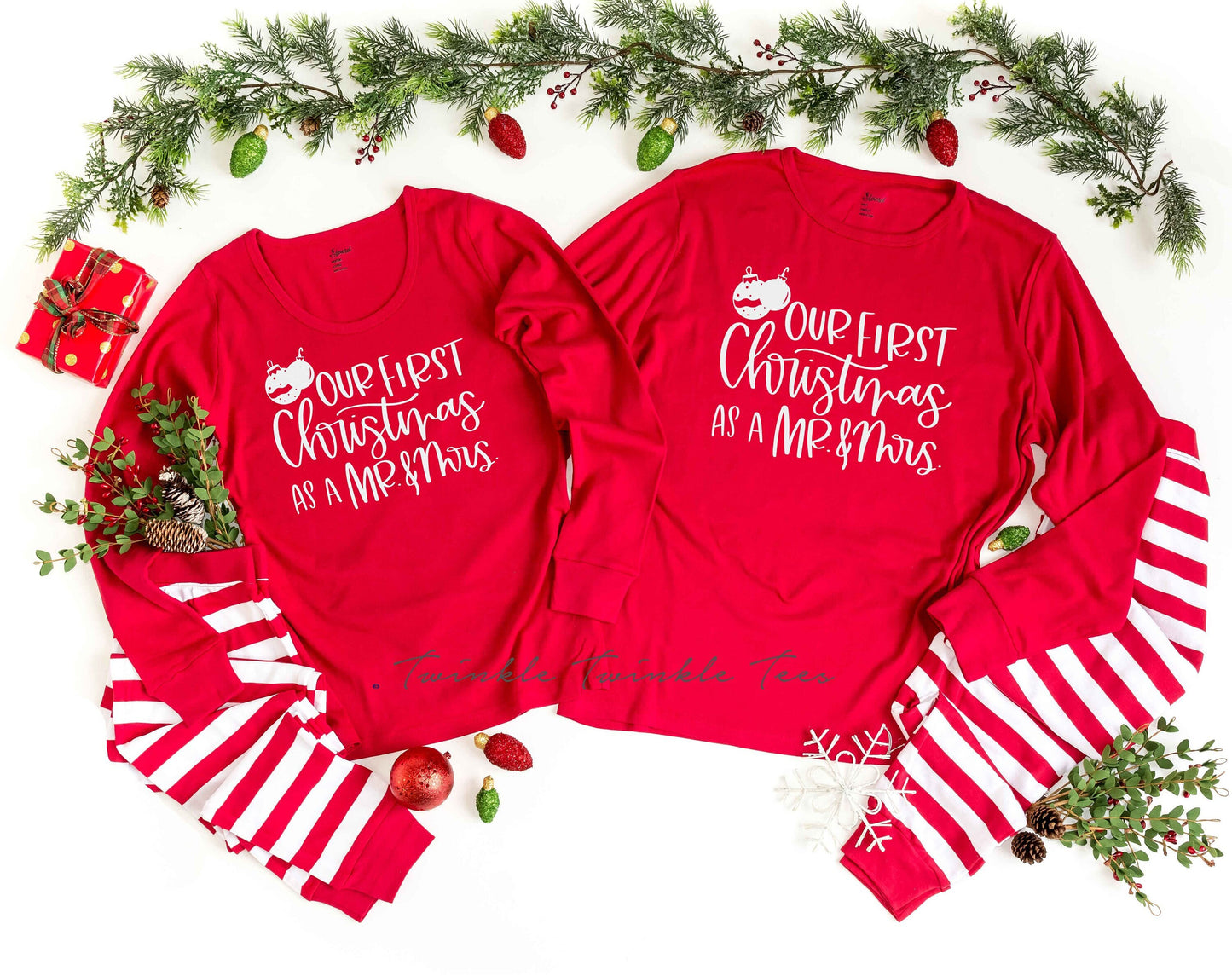 Our First Christmas as a Mr and Mrs Red Striped Christmas Pajamas - matching christmas pjs - newlyweds christmas pajamas