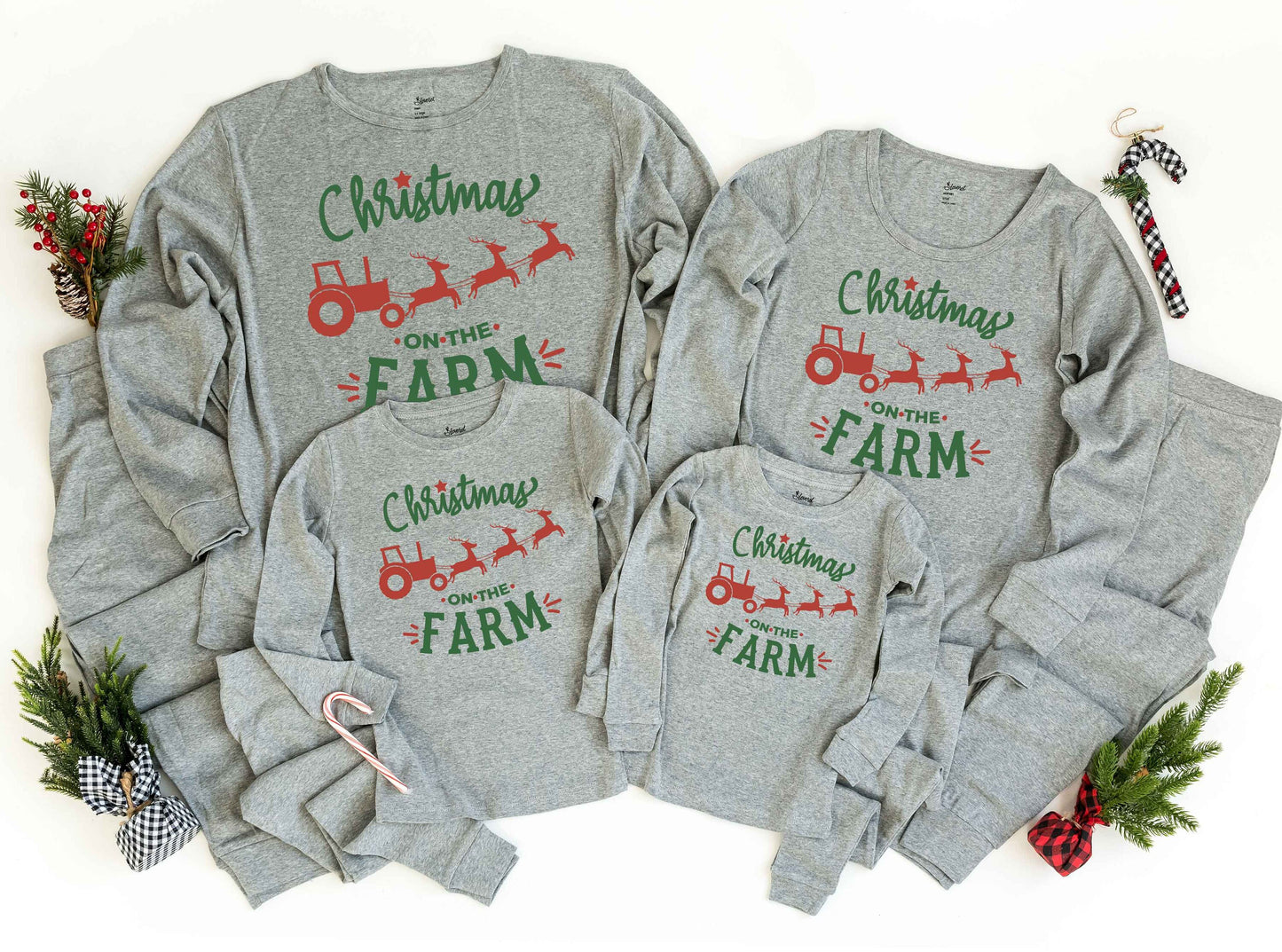 Christmas on the Farm Solid Grey Pajamas - adult and kids sizes - kids christmas pjs - women's christmas jammies - Family matching PJs