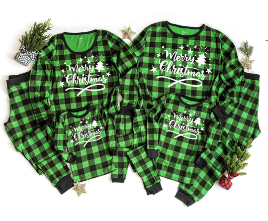 Green Plaid Merry Christmas Pajamas - kids christmas pjs -toddler christmas jammies