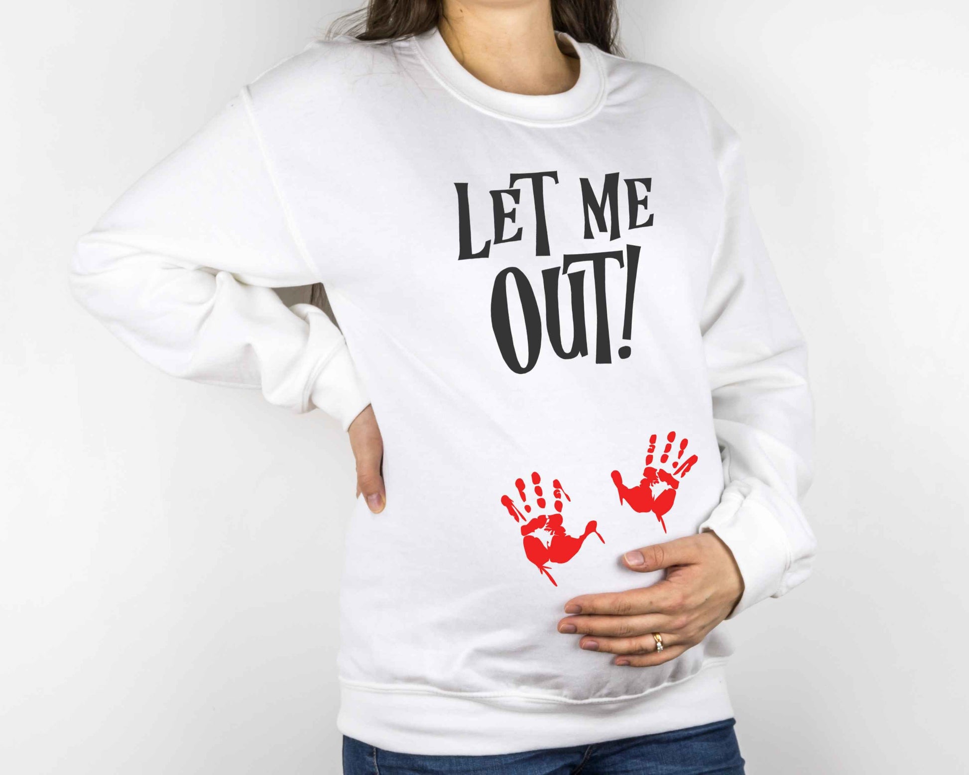 Let Me Out Women's Crewneck Fleece Pullover Sweatshirt - Halloween Maternity - Halloween Costume for Pregnant Women