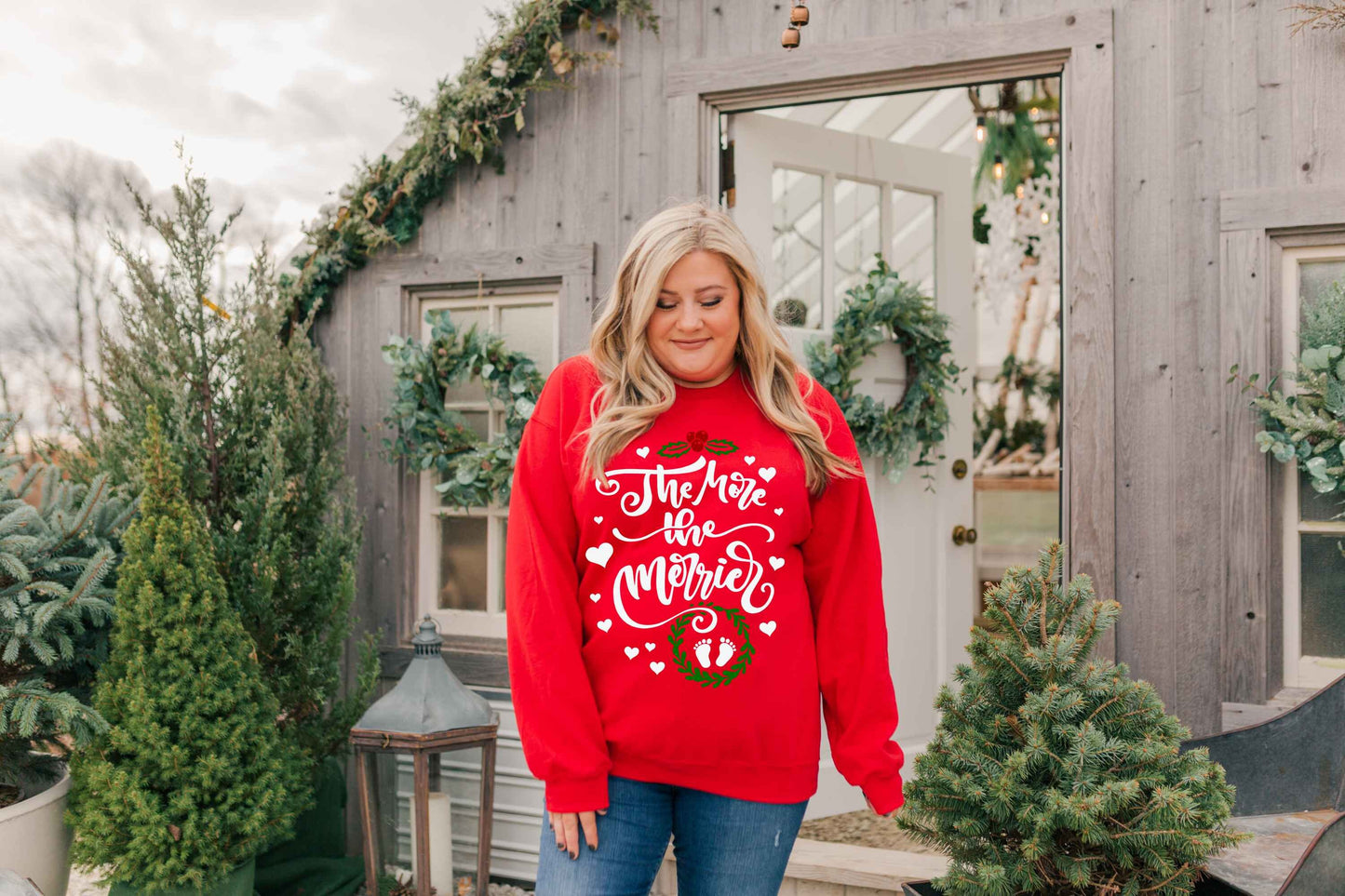 The More the Merrier Pregnancy Announcement Christmas Women's Crewneck Fleece Pullover Sweatshirt