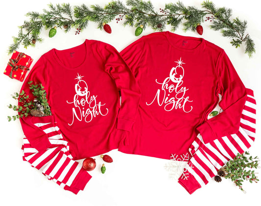 O Holy Night Christmas Tree Red Stripe matching Family Christmas Pajamas - religious christmas pjs - adult christmas pajamas