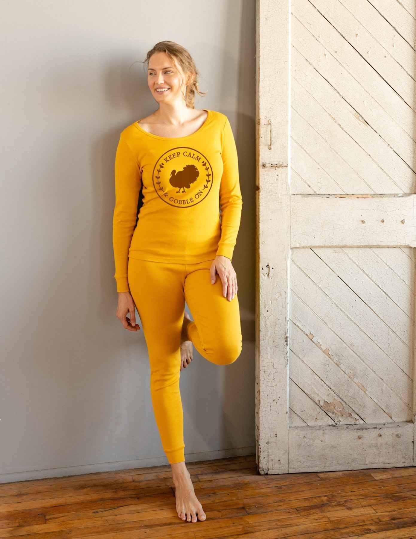Keep Calm and Gobble On Mustard Yellow Pajamas - thanksgiving family pajamas - matching fall pjs -  fall pajamas for the family