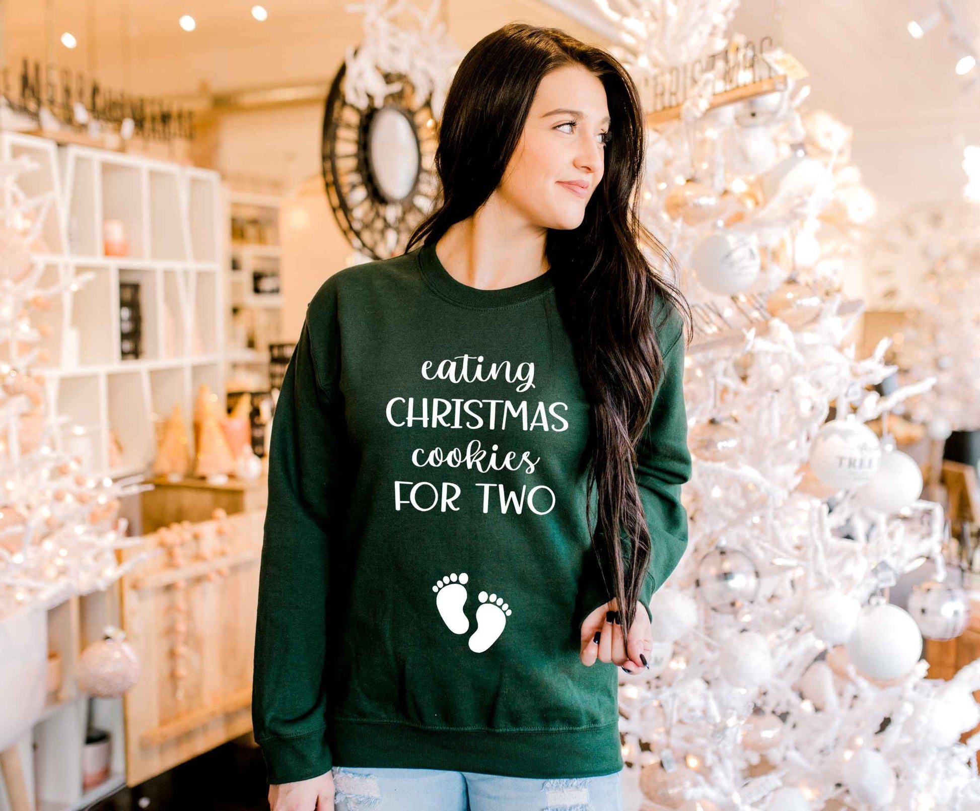 Eating Christmas Cookies for Two Pregnancy Announcement Christmas Women's Crewneck Fleece Pullover Sweatshirt