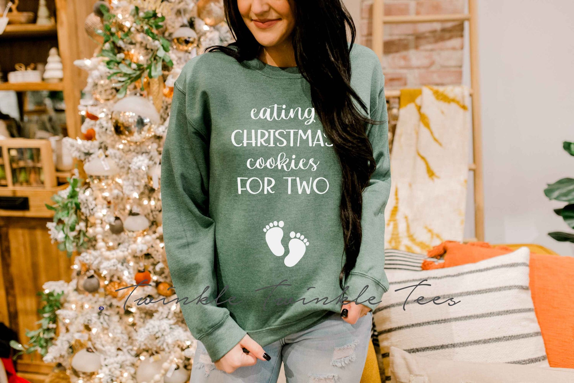 Eating Christmas Cookies for Two Pregnancy Announcement Christmas Women's Crewneck Fleece Pullover Sweatshirt