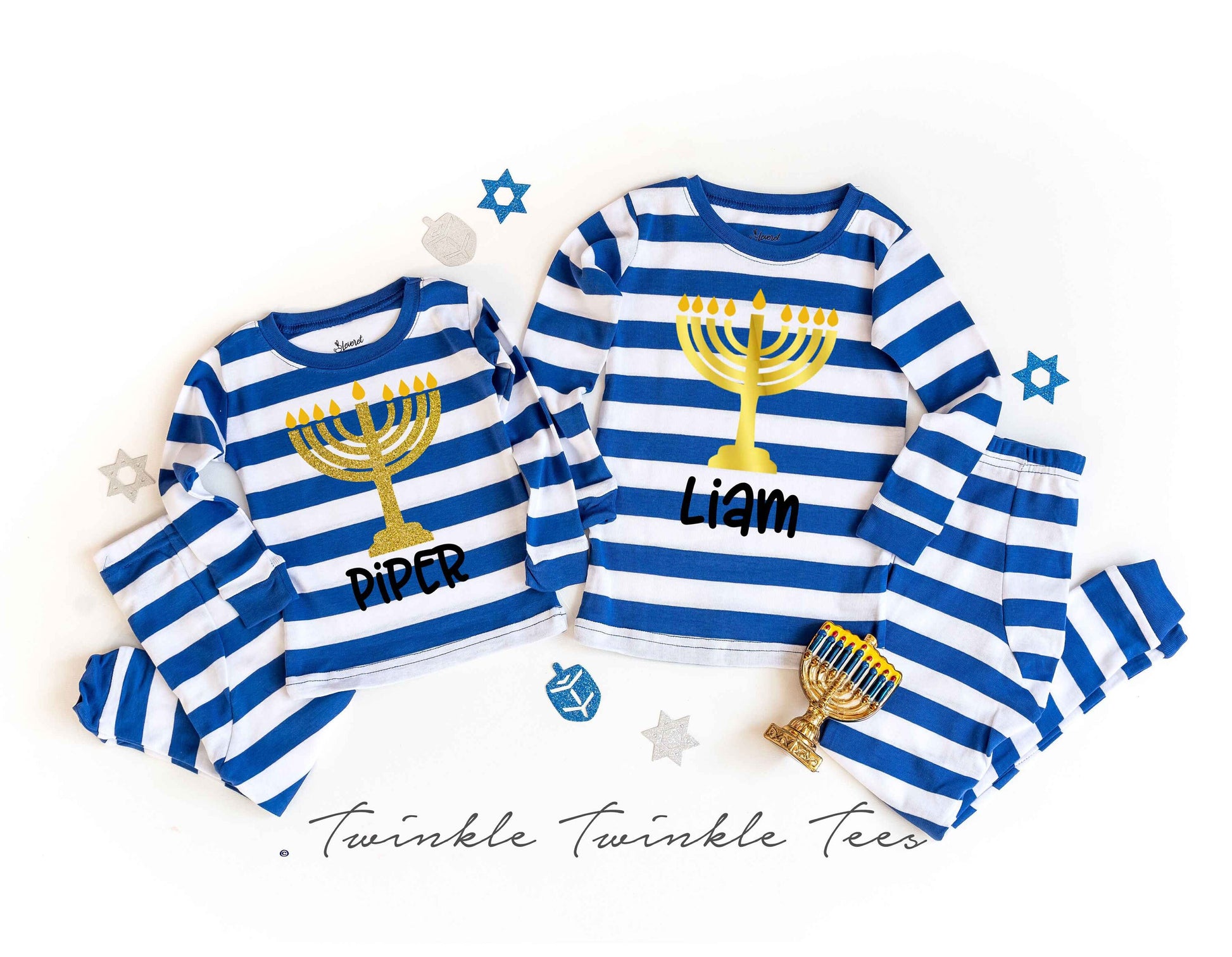 Menorah Blue and White Stripe Family Chanukah Pajamas, hanukkah family pajamas - men's hanukkah jammies - matching family chanukah pjs