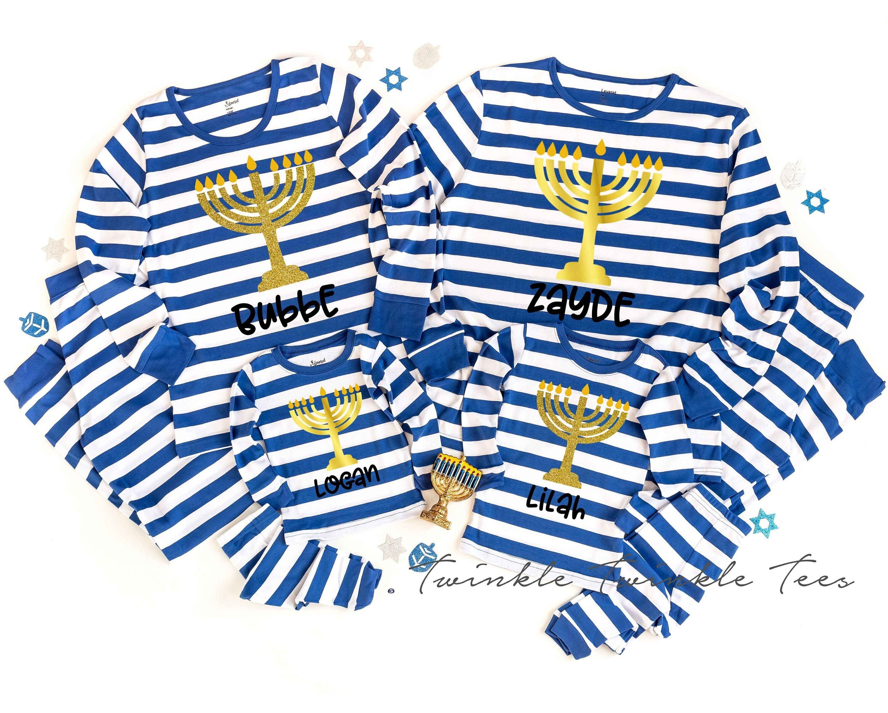 Menorah Blue and White Stripe Family Chanukah Pajamas hanukkah