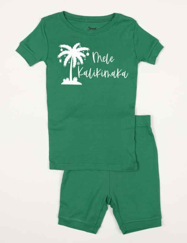 Mele Kalikimaka Red or Green Shorts Kids and Womens Pajamas - Short sleeved Christmas Pajamas - Kids Christmas Pajamas
