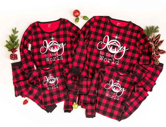 Joy to the World Red Plaid Family Christmas Pajamas, religious christmas pjs, matching family christmas pajamas, christian pajamas