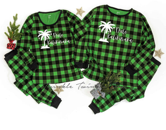 Green Plaid Mele Kalikimaka Christmas Pajamas - Christmas in Hawaii Pajamas - Beach Christmas