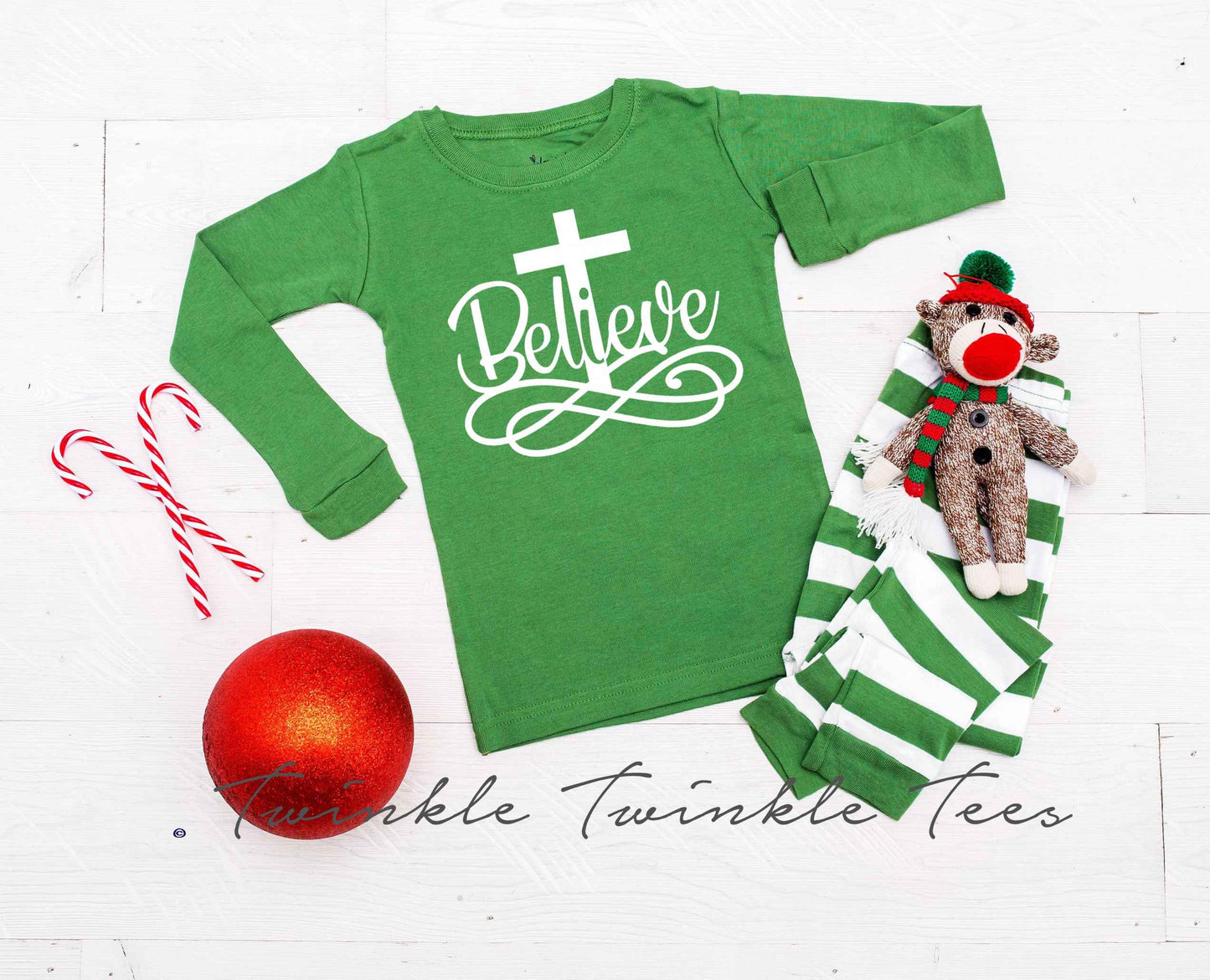 Believe Cross Green Striped Pajamas - matching christmas pjs -  kids christmas jammies - family christmas pajamas