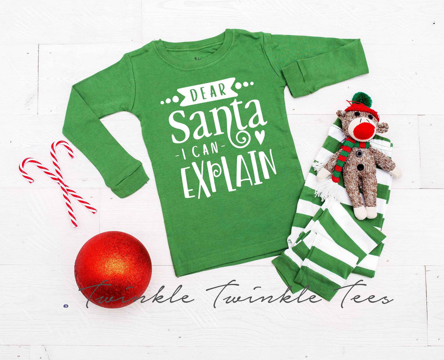 Dear Santa I Can Explain v2 Green Striped Pajamas - matching christmas pjs -  kids christmas jammies - family christmas pajamas