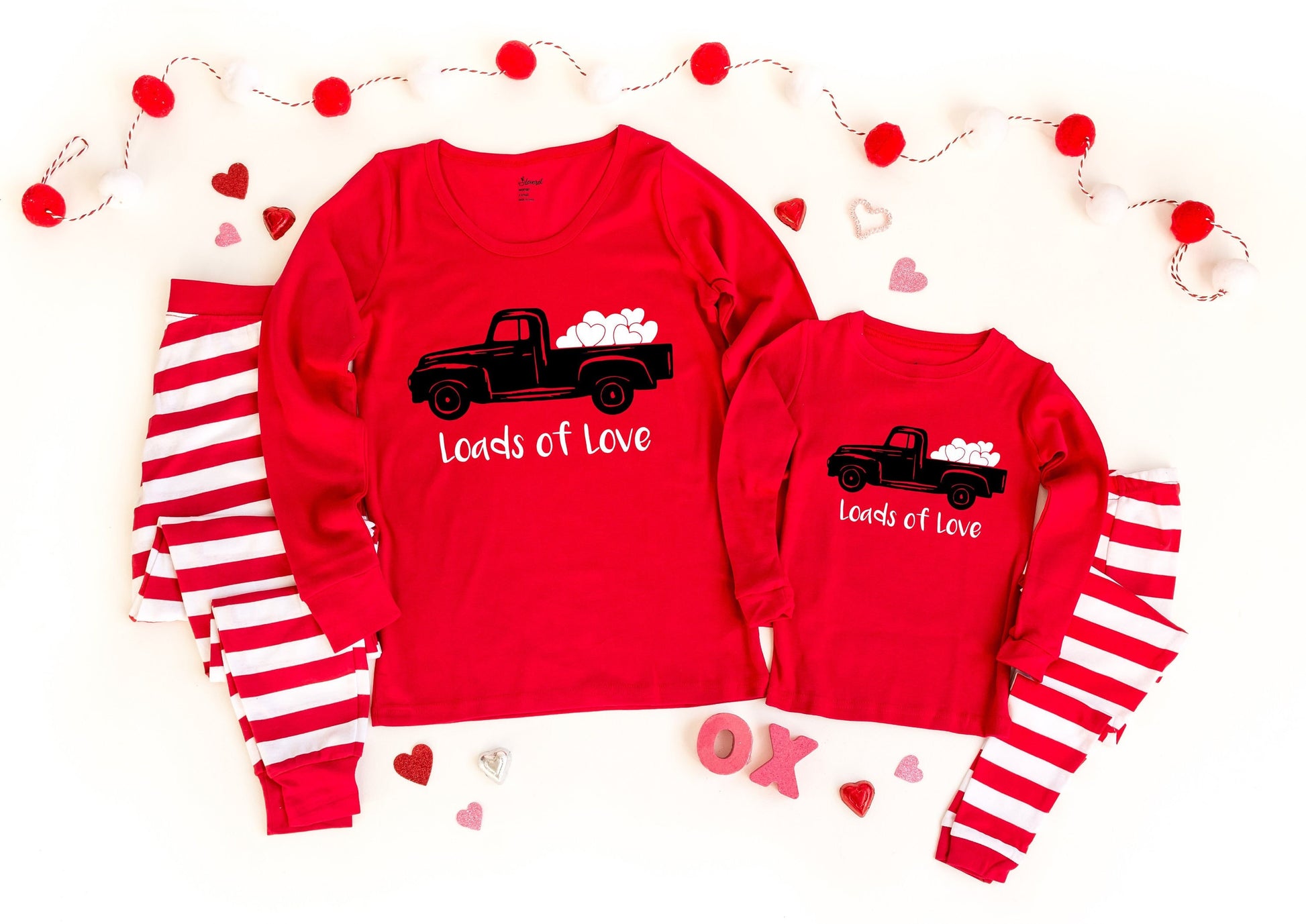 Loads of Love Red Striped Pajamas, mommy and me pjs, valentines pajamas for the family, dog pajamas, family pajamas, valentines day