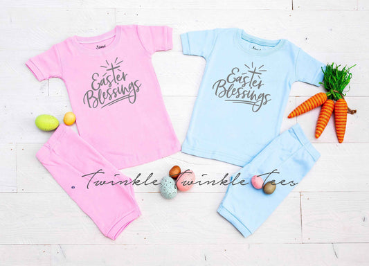 Easter Blessings v4 Pink or Blue Shorts Easter Pajamas - toddler easter pjs - boys easter pjs - girls easter pajamas