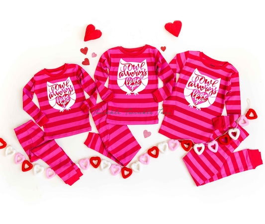 Owl Always Love You Pajamas, Pink Striped Pajamas, Mommy and Me Valentines Day Pajamas