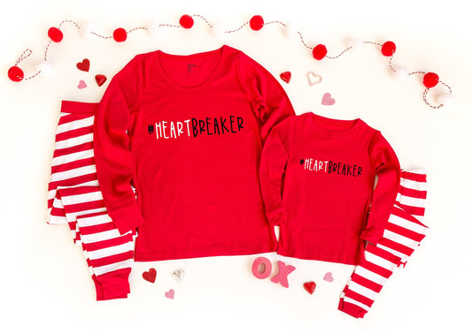 Heartbreaker Red Striped Pajamas, mommy and me pjs, valentines pajamas for the family, dog pajamas, family pajamas, valentines day